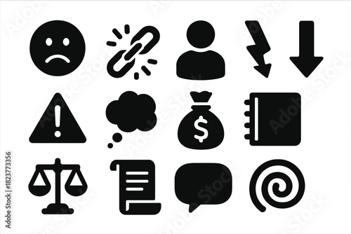 Icons of Struggle. Solid style icons of social stigma and financial hardship: sad face, broken chain, human silhouette, arrow,