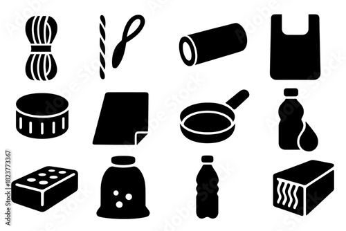 Synthetic Polymer Icons. Solid style icons of synthetic polymers: nylon fiber, polyester strand, PVC pipe, polyethylene bag,