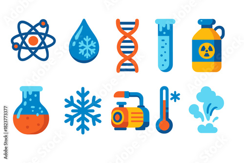 Cryogenic Science Icons. Flat vector icons of Cryogenic Science: atom model, icy droplet, frozen DNA helix, cryo chamber, frosted