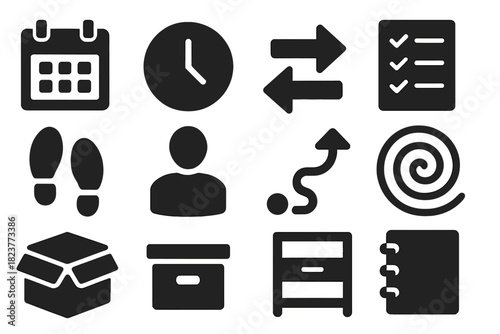 Behavioral Pattern Icons. Solid style icons of behavioral patterns and routines: calendar, clock, arrows, checklist, footsteps,
