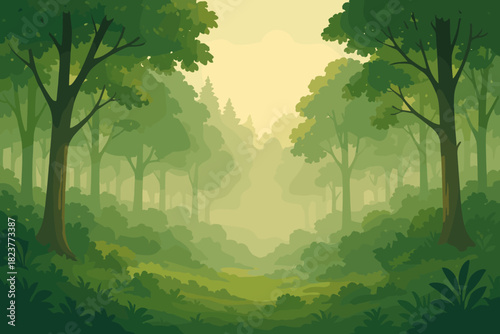 Misty Morning Forest. Lush morning forest bathed in soft sunlight with misty fog lingering among the vector illustration trees,