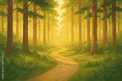 Serene Forest Path. Serene forest path with tall trees glowing under soft golden sunlight, tranquil and peaceful, celebrating