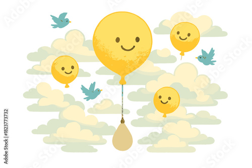 Balloon Breeze Soar. Weather balloon adventure with smiling balloons, birds escorting them, and clouds opening paths No text, No