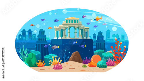 An enchanting underwater scene featuring a grand, ancient architectural structure resembling a sunken city, surrounded by vibrant coral reefs and schools of colorful fish. The structure showcases.