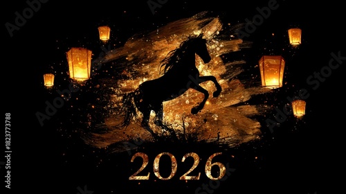 Majestic Horse Silhouette with Lanterns for New Year 2026 Celebration