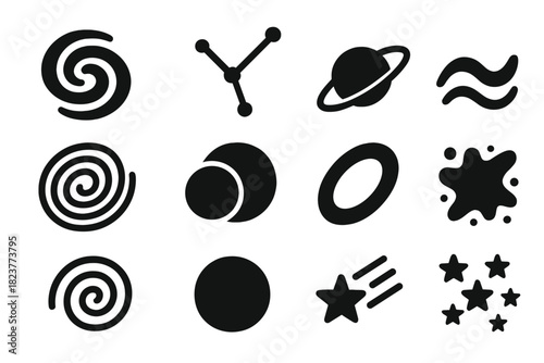 Cosmic Pattern Icons. Solid style icons of Cosmic Patterns: Spiral Galaxy, Constellation, Orbit, Wave, Star Trail, Eclipse, Ring,