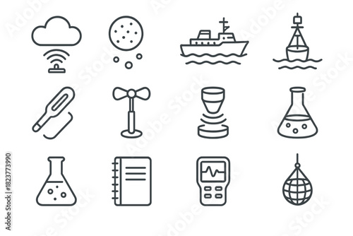 Weather Science Icons. Line style icons of Weather and Ocean Science: Cloud Radar, Salt Particle, Research Vessel, Ocean Buoy;