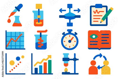Non-Newtonian Fluid Icons. Flat vector icons of experimental workflow in non-Newtonian fluid research: sample preparation, lab