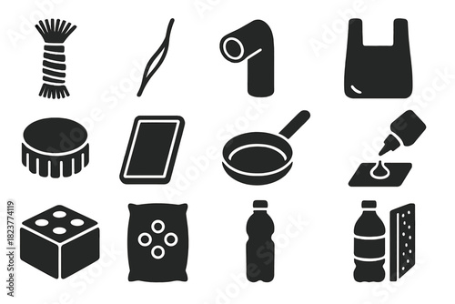 Synthetic Polymer Icons. Solid style icons of synthetic polymers: nylon fiber, polyester strand, PVC pipe, polyethylene bag,