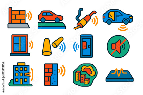 Noise Control Icons. Flat vector icons of everyday noise control: traffic barrier wall, quiet pavement, muffler pipe, car