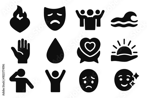 Aristotle's Pathos Icons. Solid style icons of Aristotle's pathos: heart flame, crying mask, cheering crowd, emotional wave,