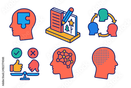 Memory Philosophy Icons. Isometric vector illustration set Philosophy of memory: human head with memory icons, reconstructed