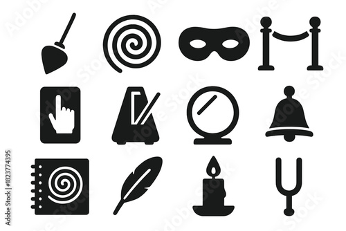 Hypnotic Tools Icons. Solid style icons of Hypnotic tools: pendulum, spiral disc, eye mask, velvet rope, suggestion card,