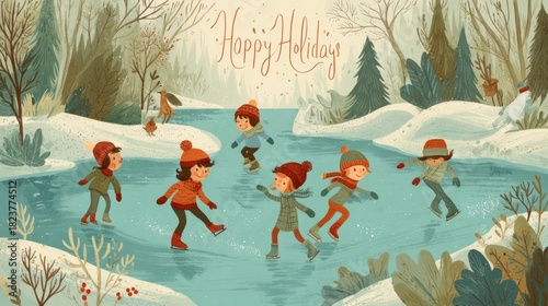 Joyful Ice Skating Scene with Children Celebrating Winter Holidays