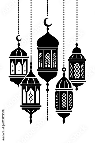 Five elegant black and white Islamic lanterns with intricate white patterns, subtly glowing, suspended against a deep, dark background. Ideal for Ramadan, Eid, and Arabian nights themed celebrations