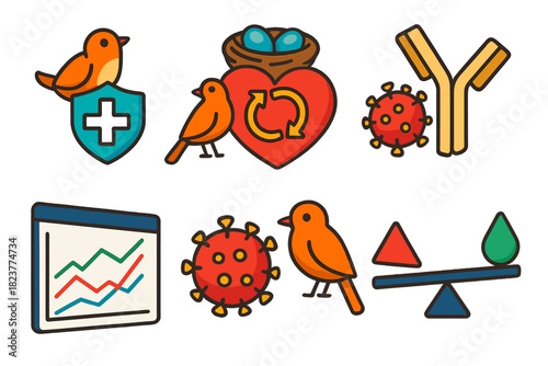 Ecological Immunology Icons. Isometric vector illustration set Ecological immunology: bird immunity, reproductive activity, energy