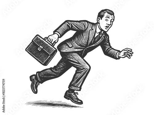 panicked businessman in a suit running with a briefcase, symbolizing urgency and stress sketch engraving generative ai fictional character vector illustration. Scratch board. Black and white image.