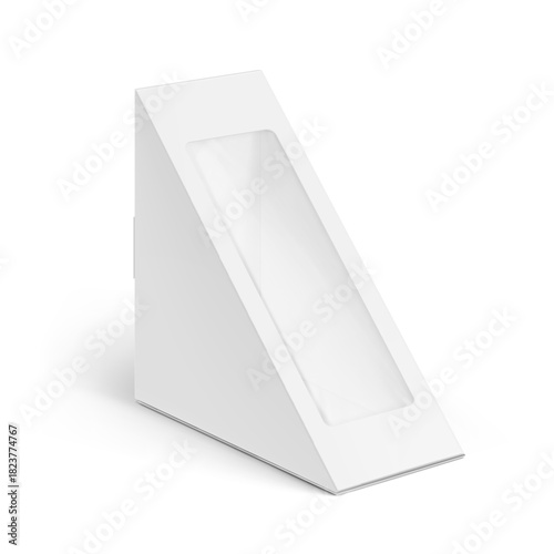 Triangular sandwich box packaging mockup. Vector illustration isolated on white background. Half side view. Can be use for template your design, presentation, promo, ad. EPS10.
