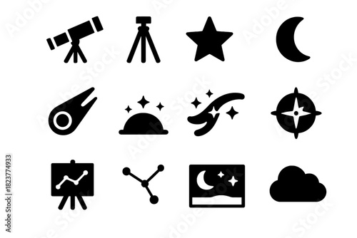 Stargazing Icon Set. Solid style icons of Stargazing: Telescope, Tripod, Star, Moon Phase, Meteor, Horizon, Milky Way, Compass,