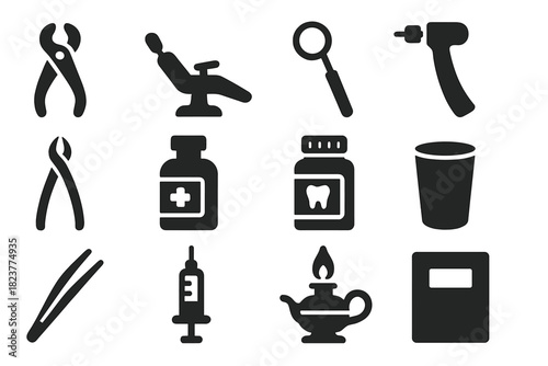 Classic Dentistry Icons. Solid style icons of Classic Dentistry: Tooth Extractor, Dental Chair, Mouth Mirror, Drill, Forceps,