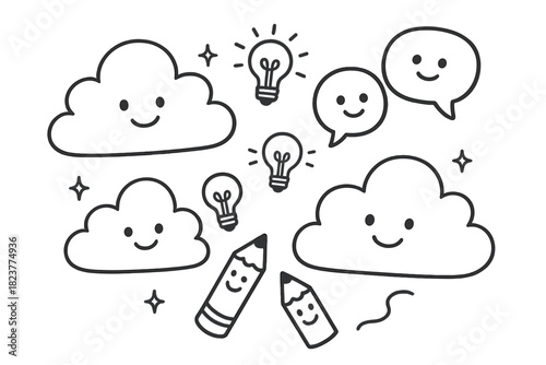 Creative Doodle Clouds. Adorable doodle brainstorming session with clouds full of smiling ideas, tiny lightbulbs popping, happy