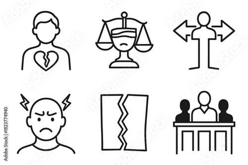 Justice Ethical Dilemmas Icons. Line style icons of Ethical Dilemmas in Justice: person with divided heart, blindfolded scales