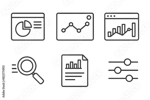Business Intelligence Icons. Line style icons of Business Intelligence Tools: pie chart dashboard, real-time metric panel, BI