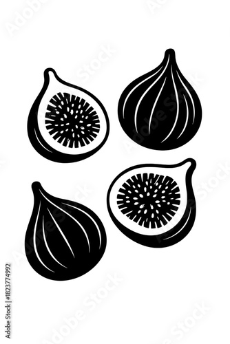 Minimalist dark fig illustrations with white seeds on a shadowy black background, showcasing both whole fruits and intricate cross-sections. Elegant, modern digital art perfect for culinary, health