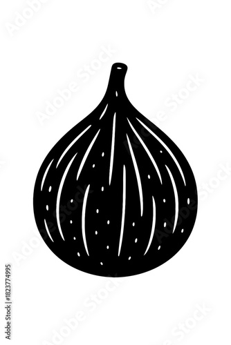 Minimalist black and white fig illustration, with elegant white lines and dots on a dark gradient background. This graphic design element is perfect for healthy food concepts, botanical art, web