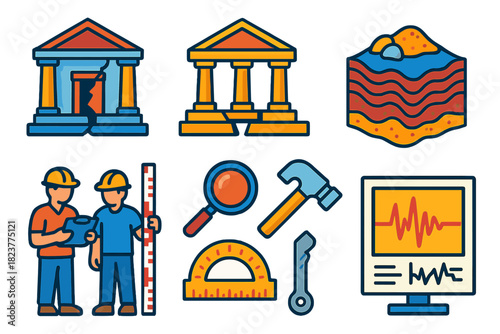 Archaeoseismology Icon Set. Isometric vector illustration set Archaeoseismology: damaged temples, offset foundations, liquefied