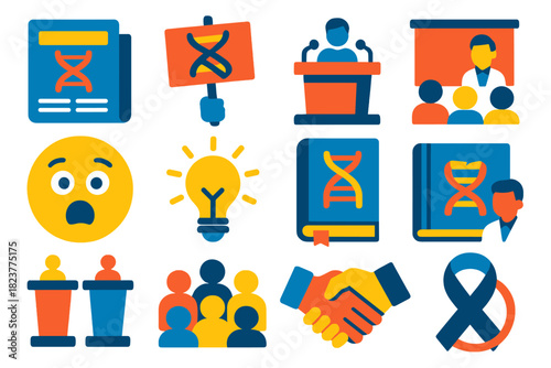 Genetics Perception Icons. Flat vector icons of public perception of genetics: media headline DNA, protest sign, public forum