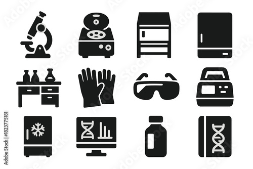 Genetic Research Icons. Solid style icons of Genetic Research Labs: microscope, centrifuge, biosafety cabinet, incubator, lab