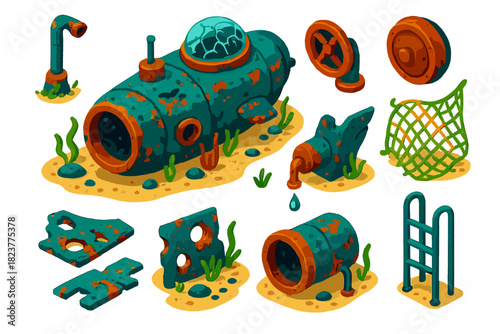 Abandoned Submarine Relics. Isometric vector illustration set Abandoned Submarine: bent periscope, corroded hull plates, empty
