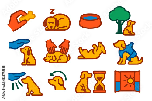 Stress Relief Icons. Flat vector icons of stress mitigation techniques: reward treat, rest icon, water bowl, shade icon, calming