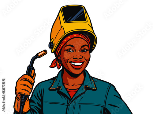 cheerful female welder wearing a protective helmet and apron while holding a welding torch, symbolizing skilled labor and industry. Generative ai vector colorful pop art illustration.