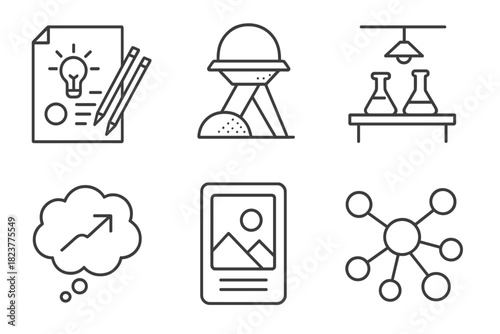 Futuristic Design Icons. Line style icons of Futuristic Design Thinking: concept prototype sketch, speculative object, innovation
