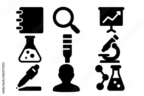 Scientific Research Icons. Solid style icons of documenting and reporting findings: notebook, magnifying glass, graph, arrow,