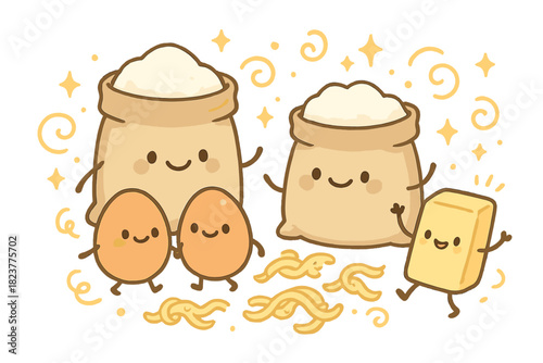 Whimsical Pastry Chemistry. Adorable doodle pastry preparation with smiling flour sacks, cartoon eggs and butter dancing, tiny