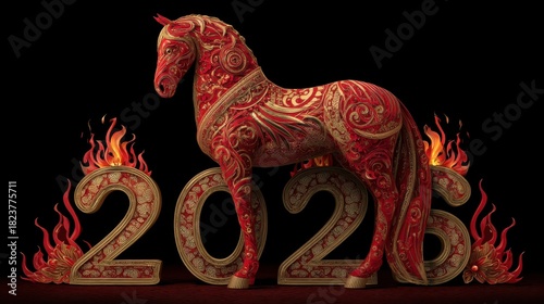 Ornate Red Horse Sculpture with 2026 Year in Fiery Background