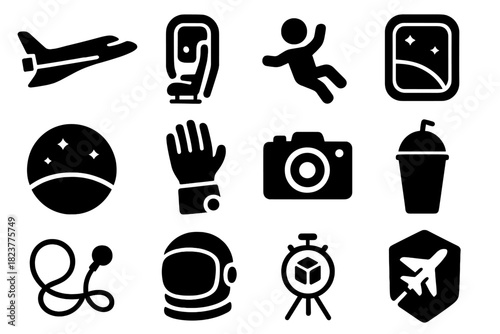 Space Tourism Icons. Solid style icons of Space tourism: spaceplane, window seat, floating passenger, cabin view, orbital horizon,