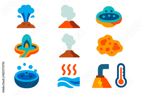 Hydrothermal Feature Icons. Flat vector icons of hydrothermal features and activity: geyser, fumarole, boiling pool, hot spring