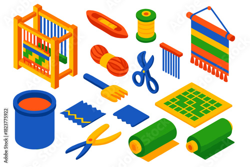 Artisan Weaving Tools. Isometric vector illustration set Artisan Weaving: frame loom, shuttle stick, thread spool, hanging