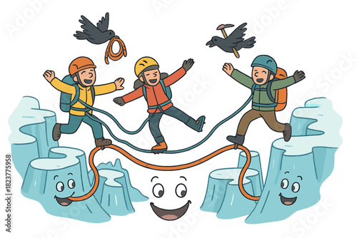 Daring Glacier Adventure. Glacier crossing with happy ropes, playful crevasses, climbers balancing, and birds carrying gear No