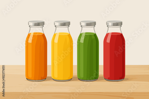 Colorful Juice Bottles. Minimalist set of glass bottles filled with vector illustration vibrant juices arranged on a wooden