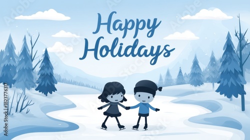 Winter Scene With Children Ice Skating and Happy Holidays Message