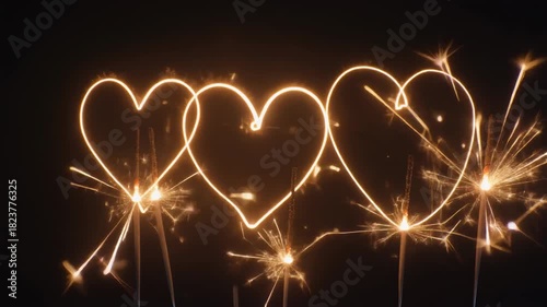 Three glowing heart shapes drawn with sparklers on a dark background Keywords: sparklers, heart, love, romance, celebration, holiday
