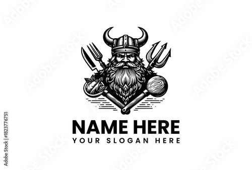 Fierce Viking Warrior Vector Logo Illustration with Horned Helmet and Food Utensils Design