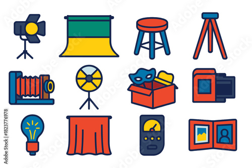 Vintage Photo Studio Icons. Flat vector icons of Vintage Photo Studio: studio light, backdrops, posing stool, wooden tripod,
