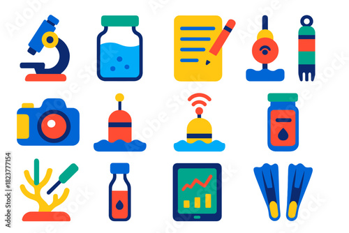 Underwater Science Icons. Flat vector icons of Underwater Science: microscope, sampling jar, dive slate, measuring tape,