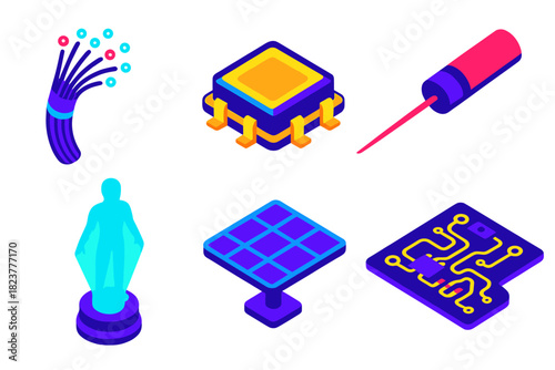 Modern Tech Icons. Isometric vector illustration set Modern Light Technology: fiber optic strand, LED chip, laser pointer,